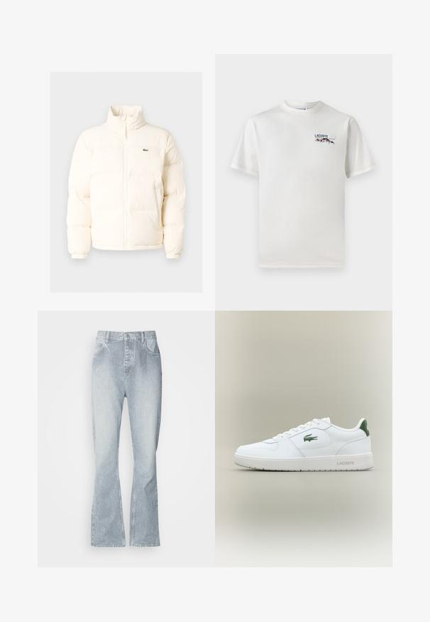 Bela puffer jakna z visokim ovratnikom, ki ima sprednji zadrgo, elastične manšete in majhen zeleni logotip na levem prsnem delu.; Bela bombažna majica s krožnim ovratnikom, kratkimi rokavi in majhnim izvezenim logotipom, ki vsebuje gore in besedilo na levi prsni strani.; Svijetloplava prugasta traperica širokog kroja, s dugmetom za zatvaranje, prednjim džepovima i suptilnim izblijedjenjem na rubu.; Bela usnjena tenisačka obutev s gladko površino, z zelenimi poudarki na peti in zelenim logotipom ob strani. Ima ravno podplat in okroglo konico.