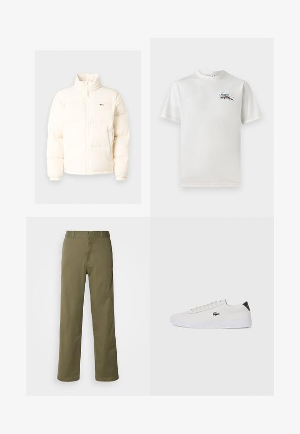 Valge pūusapüüri jope kõrge kaelusega, esiküljel lukuga, elastsete mansettidega ja väikese rohelise logoga vasakul rinnal.; Valge puuvillane T-särk ümmarguse kaelusega, lühikeste varrukatega ja väikese tikandiga logoga, millel on mäed ja tekst vasakul rinnal.; Silevad khakivärvi püksid, mis on valmistatud siledast puuvillakangast, sirge säärekujundusega, nööbi ja tõmblukuga sulgemine ning vööpaelad vöökohtadel.; Valge nahast tenniseking ümara ninaga, lukkude ja musta kontsa aktsendiga. Külgedel on väike broderi krokodilli logo.