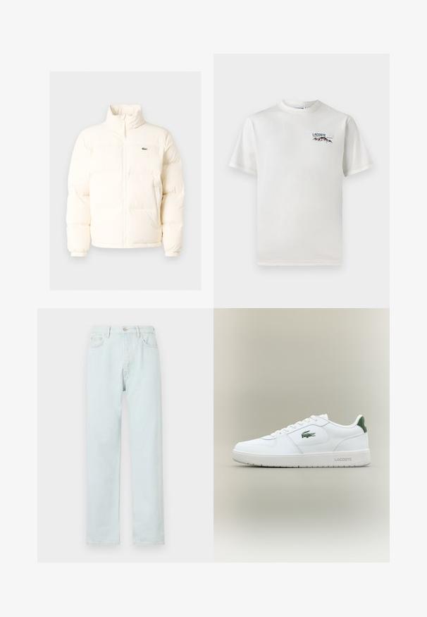 Bijela puf jakna s visokim ovratnikom, koja ima prednji patentni zatvarač, elastične rukave i mali zeleni logo na lijevoj strani prsiju.; Bijela pamučna majica s okruglim izrezom, kratkim rukavima i malim izvezenim logotipom koji prikazuje planine i tekst na lijevoj strani grudi.; Svijetloplave traperice ravnog kroja s dugmićem, suptilnim istrošenjem i dizajnom s pet džepova.; Bijele kožne tenisice s glatkom površinom, zelenim naglascima na peti i zelenim logotipom sa strane. Imaju ravni potplat i okrugli vrh.