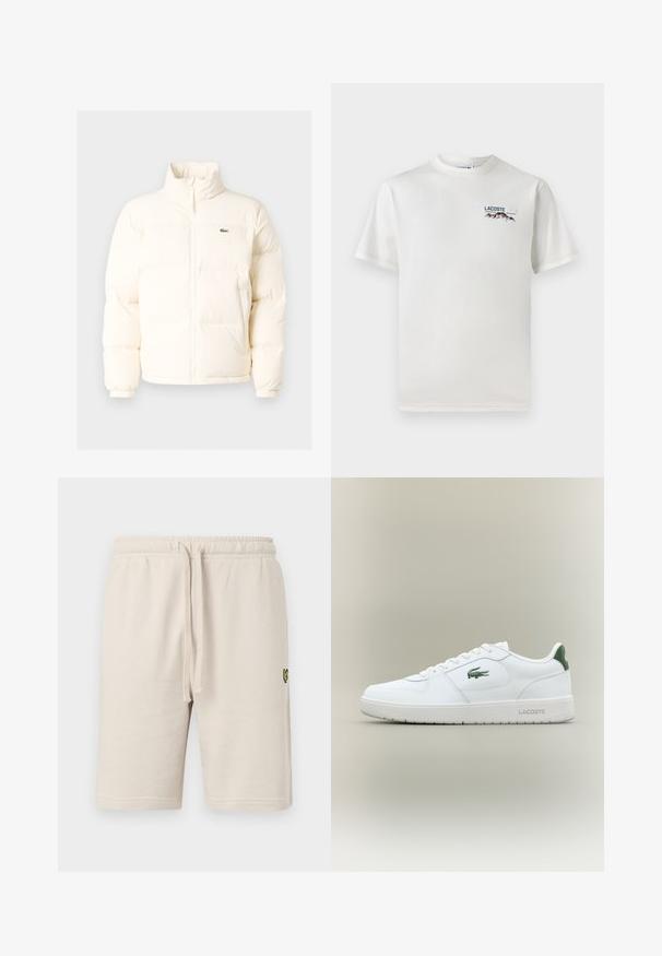 Biela puffrová bunda s vysokým golierom, predným zipsom, elastickými manžetami a malým zeleným logom na ľavom prsníku.; Biela bavlnená tričko s okrúhlym výstrihom, krátkymi rukávmi a malou vyšívanou nášivkou s motívom hôr a textom na ľavej hrudi.; Béžové bavlnené kraťasy s elastickým pásom a šnúrkou na stiahnutie. Obsahujú malé čierne logo na ľavom stehne. Hladký povrch, dĺžka do kolien.; Biele kožené tenisky s hladkým povrchom, zelenými akcentami na päte a zeleným logom na boku. Majú plochú podrážku a okrúly špičku.