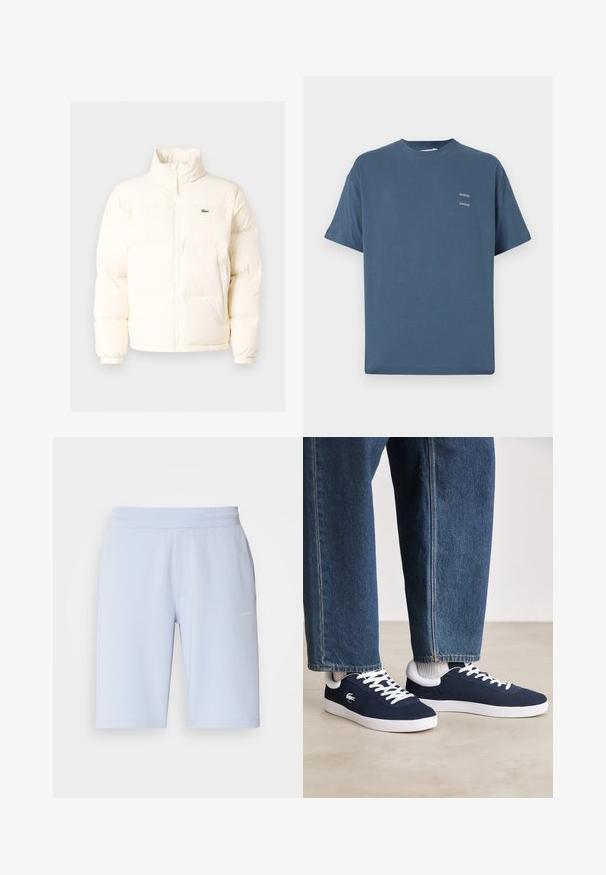 Fehér pufferezett dzseki magas gallérral, elülső zipzárral, rugalmas mandzsettákkal és egy kis zöld logóval a bal mellen.; Kék pamut póló klasszikus kerek nyakkal, rövid ujjakkal, laza szabással és két kis nyomtatott logóval a mellkasán. Simább textúra.; Világoskék sportnadrágok, puha anyagból készült, elasztikus derékkal és oldalsó zsebekkel. Kicsi logó részlet az elején.; Kék vászon sportcipők fehér fűzőkkel és gumis talppal, farmernadrággal és szürke bordás zoknikkal együtt bemutatva, világosszürke felületen.