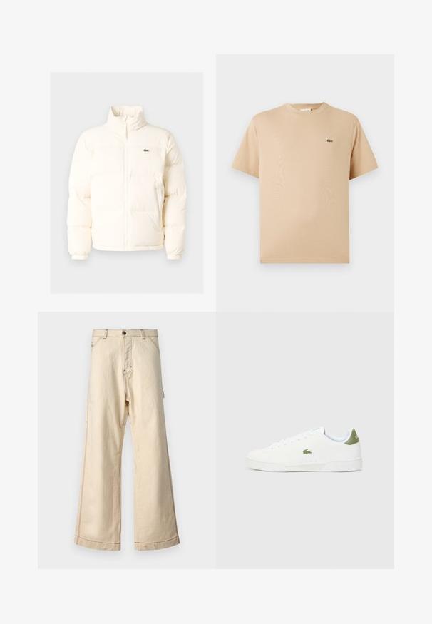Bela puffer jakna z visokim ovratnikom, ki ima sprednji zadrgo, elastične manšete in majhen zeleni logotip na levem prsnem delu.; Bežna bombažna majica s kratkimi rokavi in okroglo ovratnikom; na levi strani je majhen vezen zeleno-krokodilji logotip.; Bež široke hlače iz bombaža z zadrgo in gumbom, ki se ponašajo z kontrastnim šivanjem in stranskimi žepi.; Bele tene čevlje z gladko teksturo, ki imajo zeleno poudarjanje na peti in majhen vezen kroko logo ob strani.