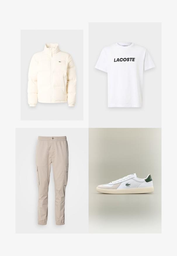 Bijela puf jakna s visokim ovratnikom, koja ima prednji patentni zatvarač, elastične rukave i mali zeleni logo na lijevoj strani prsiju.; Bijela pamučna majica s istaknutim crnim logotipom "LACOSTE" na prsima. Kratki rukavi i dizajn s okruglim izrezom.; Bež cargo hlače s elastičnim pojasom, kopčanjem na gumb i bočnim džepovima. Glatka tkanina s sužavajućim nogavicama i elastičnim manžetama.; Bijela tenisica s zelenim naglascima, od suede i kožnih materijala, zaobljenog prsta, teksturirane potplate, te izvezenim logotipom sa strane i na jeziku.