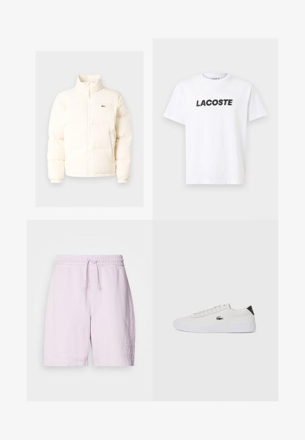 Biała kurtka puchowa z wysokim kołnierzem, z zamkiem błyskawicznym z przodu, elastycznymi mankietami i małym zielonym logo po lewej stronie klatki piersiowej.; Biała bawełniana koszulka z wyraźnym czarnym logo "LACOSTE" na piersi. Krótkie rękawy i okrągły dekolt.; Różowe bawełniane szorty z elastycznym paskiem w talii i sznurkiem, z przednimi kieszeniami i wyszywanym logo "HUGO" na lewej nodze.; Białe skórzane sneakersy z okrągłym noskiem, sznurowanym przodem i czarnym akcentem na pięcie. Posiadają małe wyszywane logo krokodyla po boku.