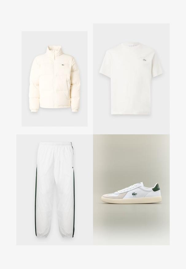 Biela puffrová bunda s vysokým golierom, predným zipsom, elastickými manžetami a malým zeleným logom na ľavom prsníku.; Biela bavlnená tričkovo s krátkymi rukávmi, s jemne vyšitým logom a minimalistickým dizajnom. Mäkká textúra, okrúhly výstrih.; Biele športové nohavice s tmavozelenými bočnými panelmi. Ľahký materiál, elastický pás a sťahované lemy. Obsahujú sieťovinovú textúru na bočných paneloch.; Biele tenisky s zelenými akcentmi, vyrobené z semišu a kože, s guľatou špičkou, textúrovanou podrážkou a vyšitým logom na boku a jazyku.