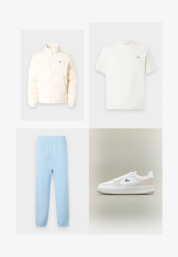 Weiße Daunenjacke mit hohem Kragen, ausgestattet mit einem Frontreißverschluss, elastischen Bündchen und einem kleinen grünen Logo auf der linken Brust.; Weißes Baumwoll-T-Shirt mit kurzen Ärmeln, das ein dezentes gesticktes Logo und ein minimalistisches Design aufweist. Weiche Textur, runder Halsausschnitt.; Helles blaues Sweatpants mit elastischem Bund, gerippten Säumen und einer weichen Textur. Minimalistisches Design, keine Muster oder Verzierungen.; Weiße Sneaker mit glattem Lederobermaterial, Wildlederakzenten und Gummisohle. Verfügt über ein geprägtes Logo und ein Schnürdesign. Minimalistische Ästhetik.