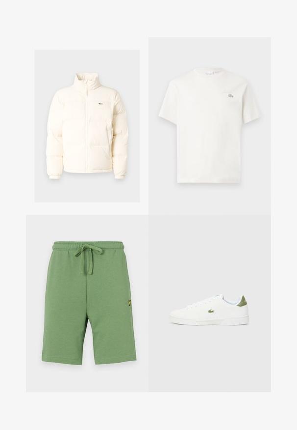 Fehér pufferezett dzseki magas gallérral, elülső zipzárral, rugalmas mandzsettákkal és egy kis zöld logóval a bal mellen.; Fehér pamut póló rövid ujjakkal, diszkrét hímzett logóval és minimalista designnal. Puha tapintású, kerek nyakkivágású.; Zöld pamut short, elasztikus derekú és állítható zsinórral. A bal oldalon egy kis sárga hímzett logó található.; Fehér sportcipő sima textúrával, zöld akcentussal a sarkán, és egy kis hímzett krokodil logóval az oldalán.