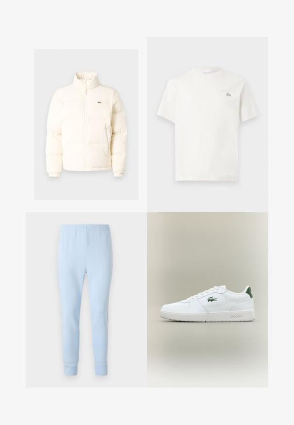 White puffer jacket with a high collar, featuring a front zipper, elastic cuffs, and a small green logo on the left chest.; White cotton t-shirt with short sleeves, featuring a subtle embroidered logo and minimalistic design. Soft texture, crew neckline.; Light blue sweatpants made of soft fabric, featuring an elastic waistband and tapered cuffs. No visible patterns or hardware accents.; White leather sneaker with a smooth finish, green accents on the heel, and a green logo on the side. Features a flat sole and round toe.