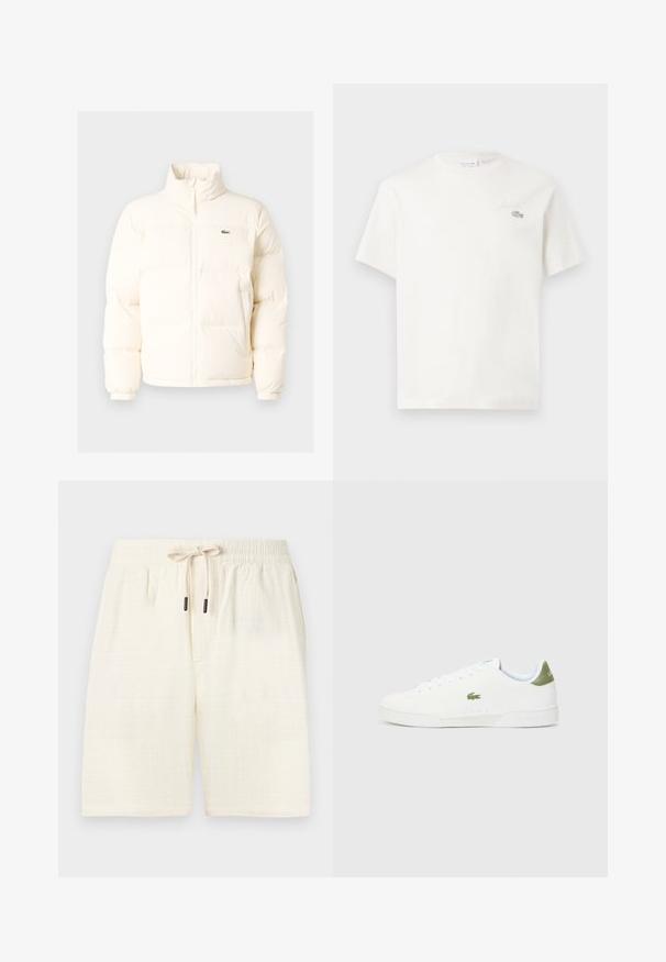 Biała kurtka puchowa z wysokim kołnierzem, z zamkiem błyskawicznym z przodu, elastycznymi mankietami i małym zielonym logo po lewej stronie klatki piersiowej.; Biała bawełniana koszulka z krótkim rękawem, z subtelnym haftowanym logo i minimalistycznym wzornictwem. Miękka tekstura, okrągły dekolt.; Krótki spodenki w kremowym kolorze, uszyte z teksturowanej tkaniny w kratkę. Posiadają elastyczny pas z sznurkiem oraz dwie boczne kieszenie.; Białe sneakersy o gładkiej fakturze, z zielonym akcentem na pięcie i małym wyhaftowanym logo krokodyla z boku.