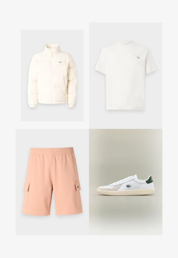 Bela puffer jakna z visokim ovratnikom, ki ima sprednji zadrgo, elastične manšete in majhen zeleni logotip na levem prsnem delu.; Bela bombažna majica s kratkimi rokavi, ki ima subtilno vezeno logo in minimalističen dizajn. Mehka tekstura, okrogla izreza vratu.; Svetlo roza kratke hlače iz bombažne mešanice s elastičnim pasom, dvema stranskima žepoma in zelenim logotipom.; Bela tenisa z zelenimi dodatki, iz semiša in usnja, okrogla konica, teksturiran podplat ter izšit logotip na strani in jeziku.