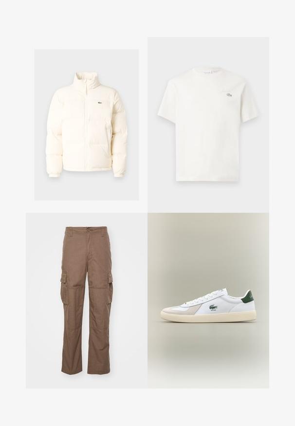 Valge pūusapüüri jope kõrge kaelusega, esiküljel lukuga, elastsete mansettidega ja väikese rohelise logoga vasakul rinnal.; Valge puuvillane T-särk lühikeste varrukatega, millel on diskreetne brodeeritud logo ja minimalistlik disain. Pehme tekstuur, ümar kaelusekujundus.; Pruunid cargo-püksid, mis on valmistatud tekstuursest kangast, kahel külgpocketil, nööbi sulgemisega ja sirge lõikega.; Valged sneaks roheliste aktsentidega, nahast ja sametmaterjalidest, ümmarguse varbaga, tekstuuriga välistallaga ning tikandiga logo külje ja keele peal.