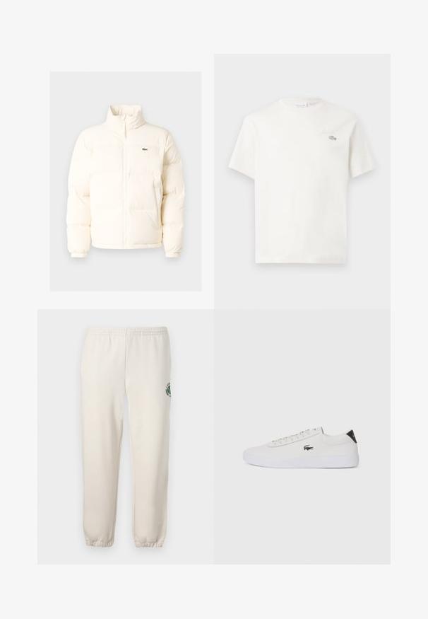 Witte pufferjack met een hoge kraag, voorzien van een ritssluiting aan de voorkant, elastische boorden en een klein groen logo op de linkerborst.; Witte katoenen t-shirt met korte mouwen, voorzien van een subtiel geborduurd logo en een minimalistisch ontwerp. Zachte textuur, ronde hals.; Lichtbeige sweatpants van katoen, met een elastische tailleband, geribde boorden en een groen logo met een bladerenontwerp op het linkerpand.; Witte leren sneaker met ronde neus, vetersluiting aan de voorkant en zwarte hakaccent. Beschikt over een klein geborduurd krokodillenlogo aan de zijkant.
