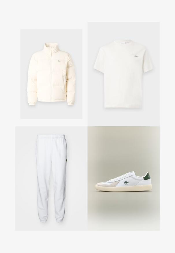 Bela puffer jakna z visokim ovratnikom, ki ima sprednji zadrgo, elastične manšete in majhen zeleni logotip na levem prsnem delu.; Bela bombažna majica s kratkimi rokavi, ki ima subtilno vezeno logo in minimalističen dizajn. Mehka tekstura, okrogla izreza vratu.; Bela flis trenirka z elastičnim pasom in manšetami, z zelenim logotipom na desni strani. Mehka, gladka tekstura.; Bela tenisa z zelenimi dodatki, iz semiša in usnja, okrogla konica, teksturiran podplat ter izšit logotip na strani in jeziku.