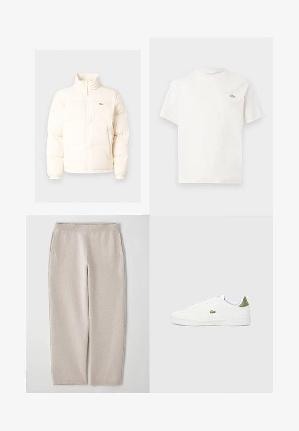White puffer jacket with a high collar, featuring a front zipper, elastic cuffs, and a small green logo on the left chest.; White cotton t-shirt with short sleeves, featuring a subtle embroidered logo and minimalistic design. Soft texture, crew neckline.; Beige sweatpants made of soft fabric, featuring a wide waistband, side pockets, and tapered legs for a relaxed fit.; White sneakers with a smooth texture, featuring a green accent at the heel and a small embroidered crocodile logo on the side.