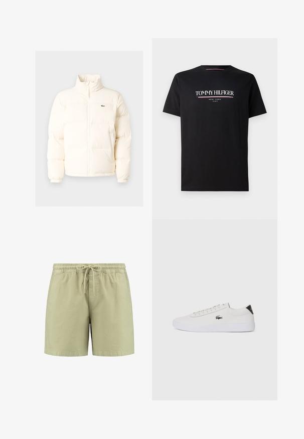 Vit puffjacka med hög krage, som har en framdragkedja, elastiska muddar och en liten grön logotyp på vänster bröst.; Svart bomullströja med en vit och färgglad "TOMMY HILFIGER" logotyp med "NEW YORK" och "1985" i mindre text nedanför. Korta ärmar, rund hals.; Ljusgröna shorts i mjukt tyg, med resårmidja och snörning, sidofickor och en avslappnad passform.; Vit lädersneaker med rund tå, snörning framtill och svart häldetalj. Har en liten broderad krokodilmotiv på sidan.
