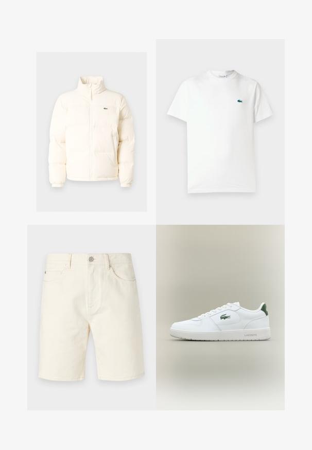 White puffer jacket with a high collar, featuring a front zipper, elastic cuffs, and a small green logo on the left chest.; White cotton t-shirt featuring a crew neck, short sleeves, and a small green embroidered crocodile logo on the left chest.; Light beige denim shorts with a classic cut, featuring front pockets, belt loops, and a button closure. Smooth texture with a solid color.; White leather sneaker with a smooth finish, green accents on the heel, and a green logo on the side. Features a flat sole and round toe.
