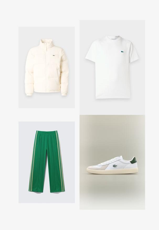 Casaco de puffer branco com colarinho alto, apresentando um fecho frontal com zíper, punhos elásticos e um pequeno logótipo verde no lado esquerdo do peito.; T-shirt de algodão branca com gola redonda, mangas curtas e um pequeno logótipo de crocodilo verde bordado no lado esquerdo do peito.; Calças verdes de perna larga, feitas de tecido macio, com cintura elástica e riscas laterais amarelas contrastantes com padrão em zig-zag.; Sapatilha branca com pormenores verdes, materiais em camurça e pele, bico arredondado, sola texturizada e logótipo bordado na lateral e na língua.