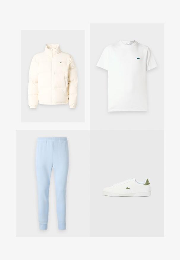 Weiße Daunenjacke mit hohem Kragen, ausgestattet mit einem Frontreißverschluss, elastischen Bündchen und einem kleinen grünen Logo auf der linken Brust.; Weißes Baumwoll-T-Shirt mit Rundhalsausschnitt, kurzen Ärmeln und einem kleinen grünen gestickten Krokodil-Logo auf der linken Brust.; Hellblaue Jogginghose aus weichem Stoff, mit elastischem Bund und schmal zulaufenden Bündchen. Keine sichtbaren Muster oder Metallakzente.; Weiße Sneakers mit glatter Textur, die an der Ferse einen grünen Akzent und ein kleines eingesticktes Krokodil-Logo an der Seite aufweisen.