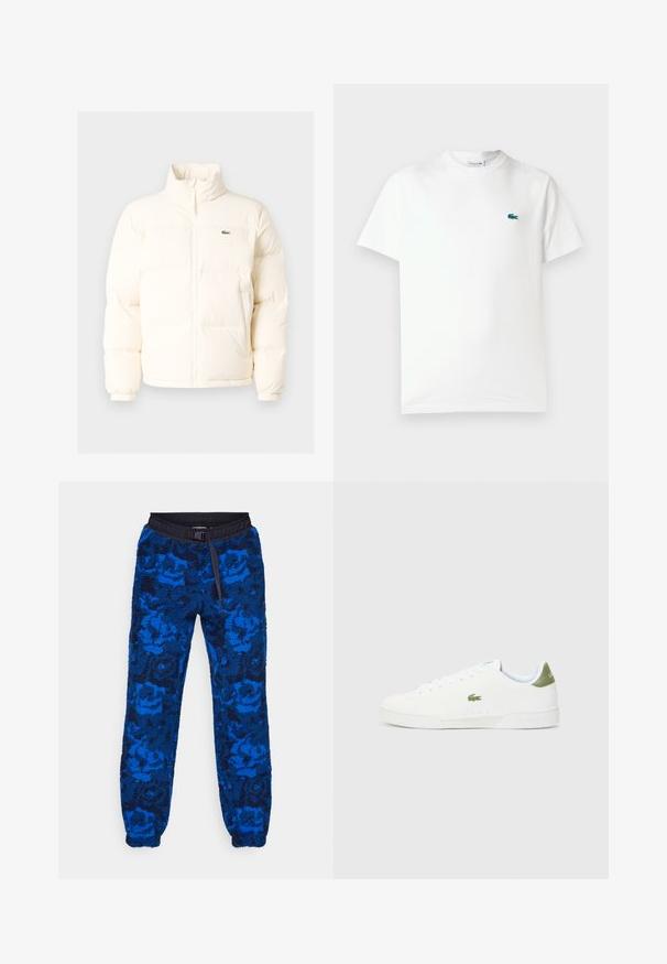 Balts pūkains jaka ar augstu apkakli, priekšā ar rāvējslēdzēju, elastīgām piedurknēm un mazu zaļu logo kreisajā krūtī.; Balta kokvilnas T-kreklu ar apaļu kaklu, īsām piedurknēm un mazu zaļu izšūtu krokodila logo kreisajā krūtī.; Zila vilnas jogger bikses ar ziedu rakstu, ar melnu elastīgu jostu un auklu. Tekstūrēta auduma ar elastīgiem apkaklīšiem pie potītēm.; Baltas sporta apavi ar gludu virsmu, ar zaļu akcentu uz papēža un mazu izšūtu krokodila logo sānos.