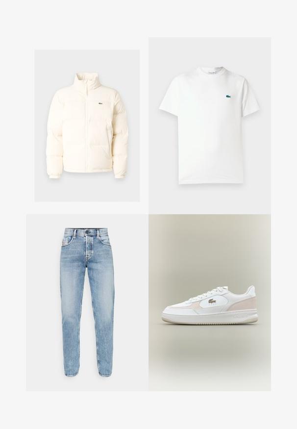Valge pūusapüüri jope kõrge kaelusega, esiküljel lukuga, elastsete mansettidega ja väikese rohelise logoga vasakul rinnal.; Valge puuvillane T-särk, millel on ümar kaelus, lühikesed varrukad ja väike rohelise tikandiga krokodillilogo vasakul rinnal.; Heledad sinine denim teksad sirge lõikega, viie-tasku disainiga, nähtava õmblusega ning klassikalise nööbi ja tõmbluku sulgemisega. Ilma kaunistusteta.; Valged spordijalatsid, millel on sile nahast ülemine osa, sametised aktsendid ja kummist põhi. Funktsioonid sisaldavad reljeefset logo ja paeltega disaini. Minimalistlik esteetika.