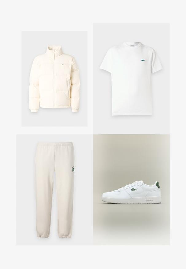 Casaco de puffer branco com colarinho alto, apresentando um fecho frontal com zíper, punhos elásticos e um pequeno logótipo verde no lado esquerdo do peito.; T-shirt de algodão branca com gola redonda, mangas curtas e um pequeno logótipo de crocodilo verde bordado no lado esquerdo do peito.; Sweatpants beige claros feitos de algodão, com um cós elástico, punhos canelados e um logótipo verde com desenho de folha na perna esquerda.; Sapatilha de couro branca com um acabamento suave, detalhes verdes no calcanhar e um logótipo verde na lateral. Apresenta sola plana e bico redondo.