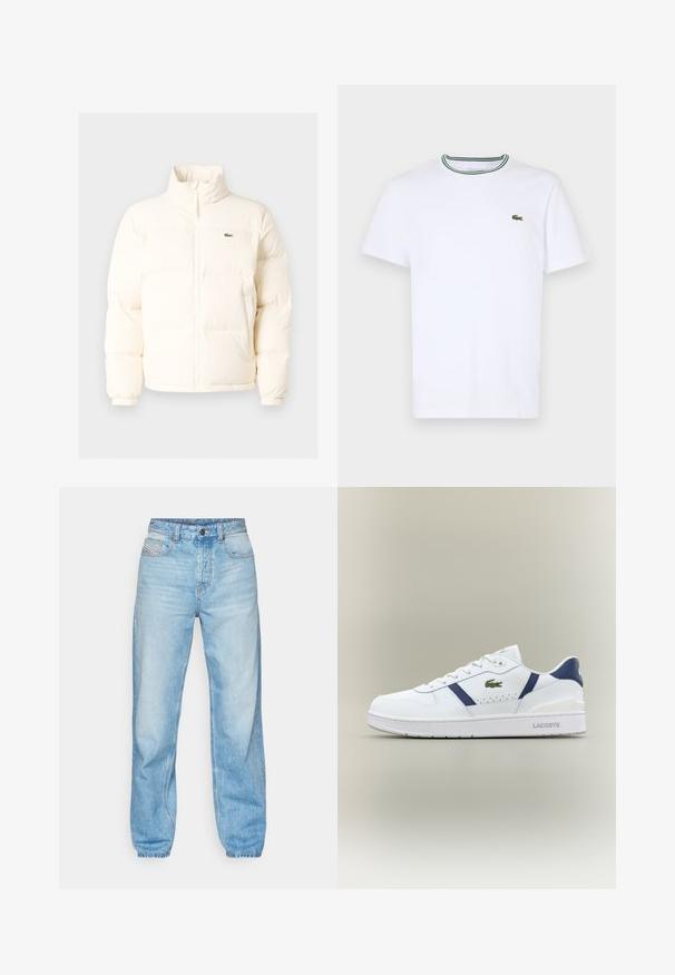 Fehér pufferezett dzseki magas gallérral, elülső zipzárral, rugalmas mandzsettákkal és egy kis zöld logóval a bal mellen.; Fehér pamut, rövid ujjú póló bordás gallérral, zöld és fekete csíkokkal; kis zöld hímzett logó a bal mellen.; Világoskék farmernadrág, egyenes szabással, öt zsebes dizájnnal és látható gombos cipzárral, kontrasztos varrással.; Fehér Lacoste sneaker tengerészkék részletekkel, zöld krokodil logóval, fűzős kialakítással és márkázott talppal semleges háttér előtt.
