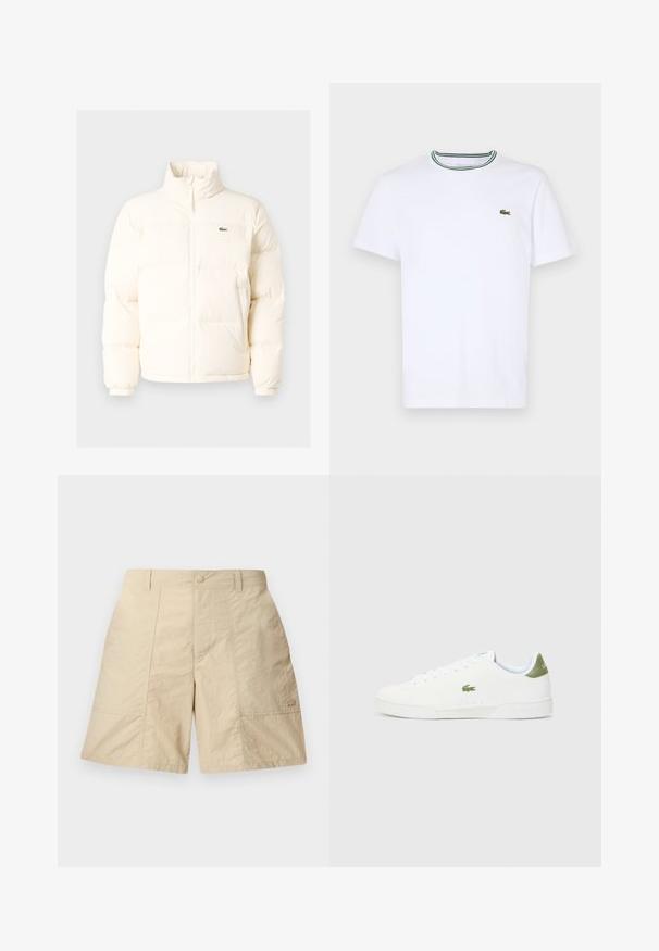 Bílá nafouknutá bunda s vysokým límcem, předním zipem, elastickými manžetami a malým zeleným logem na levé straně hrudi.; Bílý bavlněný tričko s krátkým rukávem a lemovaným límečkem se zelenými a černými pruhy; malé zelené vyšívané logo na levé hrudi.; Béžové šortky s texturovaným povrchem, s předním zapínáním na knoflík, dvěma bočními kapsami a malým logem na dolní pravé straně.; Bílé tenisky s hladkým povrchem, s zeleným akcentem na patě a malým vyšívaným logem krokodýla na boku.