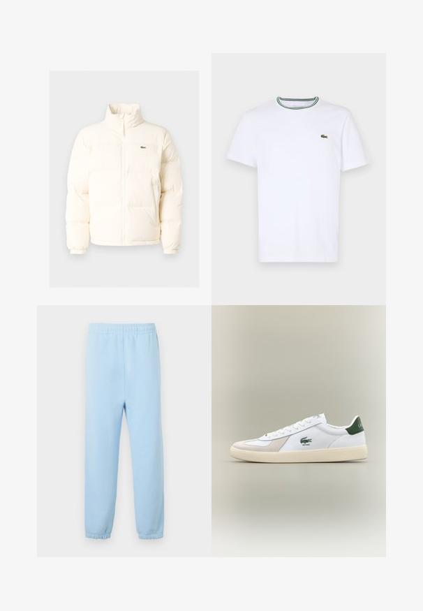 Biela puffrová bunda s vysokým golierom, predným zipsom, elastickými manžetami a malým zeleným logom na ľavom prsníku.; Biela bavlnená tričko s krátkym rukávom a rebrovaným golierom s zelenými a čiernymi pruhmi; malá zelená vyšitá logo na ľavej hrudi.; Svetlomodré teplákové nohavice s elastickým pásom, manžetami na nohaviciach a jemnou textúrou. Minimalistický dizajn, žiadne vzory ani ozdoby.; Biele tenisky s zelenými akcentmi, vyrobené z semišu a kože, s guľatou špičkou, textúrovanou podrážkou a vyšitým logom na boku a jazyku.