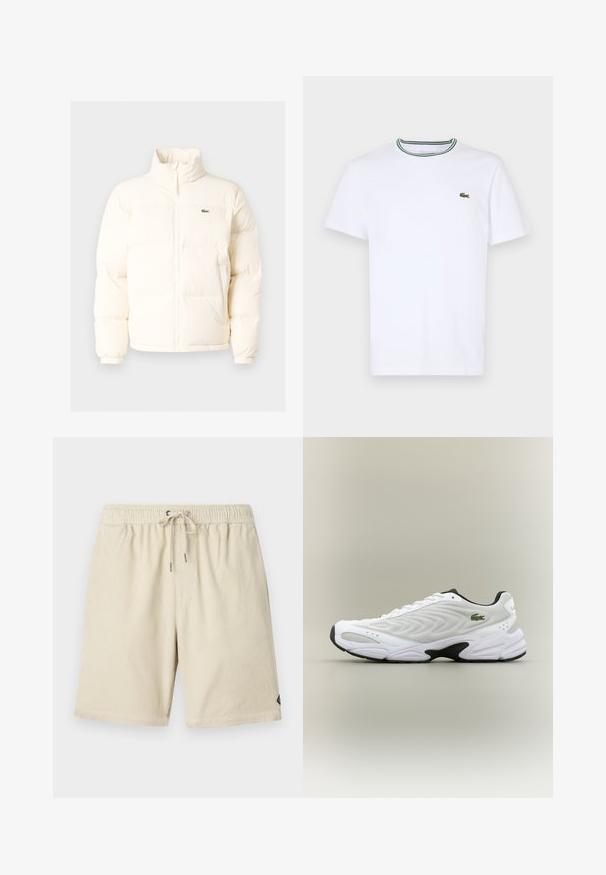 Weiße Daunenjacke mit hohem Kragen, ausgestattet mit einem Frontreißverschluss, elastischen Bündchen und einem kleinen grünen Logo auf der linken Brust.; Weißes Baumwoll-T-Shirt mit kurzen Ärmeln und geripptem Kragen, der grüne und schwarze Streifen hat; kleines grünes gesticktes Logo auf der linken Brust.; Beige Cordshorts mit elastischem Bund und Kordelzug, ausgestattet mit einer dezenten vertikalen Rippstruktur und einem kleinen Etikett an der Seite.; Weißer Sportschuh mit strukturiertem Mesh-Obermaterial, geschwungenem Design und kontrastierender schwarzer Laufsohle. Mit grünem gesticktem Logo an der Seite.