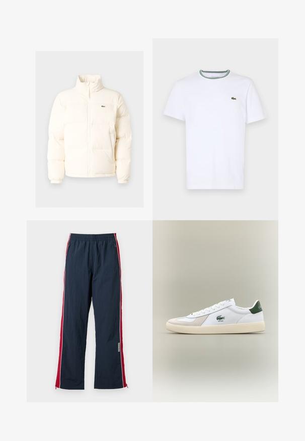 Balts pūkains jaka ar augstu apkakli, priekšā ar rāvējslēdzēju, elastīgām piedurknēm un mazu zaļu logo kreisajā krūtī.; Balta kokvilnas T-kreklā ar īsām piedurknēm un ribotu apkakli, kas rotāta ar zaļām un melnām svītrām; neliels zaļš izšūts logo kreisajā krūtī.; Jūras spēku sporta bikses ar elastīgu jostu un sarkaniem sānu svītrainiem. Ietver baltos apvalkus un rāvējslēdzējus pie potītēm, kas ļauj veikt pielāgojumus. Viegls materiāls.; Baltie sporta apavi ar zaļiem akcentiem, izgatavoti no zamša un ādas, ar noapaļotu purngalu, teksturētu zoli un izšūtu logotipu sānos un uz mēles.