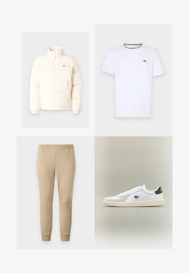 Balta pūkinė striukė su aukštu kaklu, turinti priekinį užtrauktuką, elastines rankogalius ir mažą žalią logotipą kairėje krūtinės pusėje.; Balta medvilninė trumpo rankovės marškinėliai su įsiūtu apykakle, dekoruota žaliais ir juodais dryžiais; mažas žalias siuvinėtas logotipas kairėje krūtinės pusėje.; Šviesiai rudos spalvos medvilniniai džinsai su tampriu juosmeniu, siaurėjantys blauzdos ir pūkuotais rankogaliais; turi mažą logotipą šone.; Baltos sportbačiai su žaliais akcentais, pagaminti iš zomšos ir odos, su apvaliu nose, tekstūruotu padu ir siuvinėtu logotipu šone bei ant liežuvio.