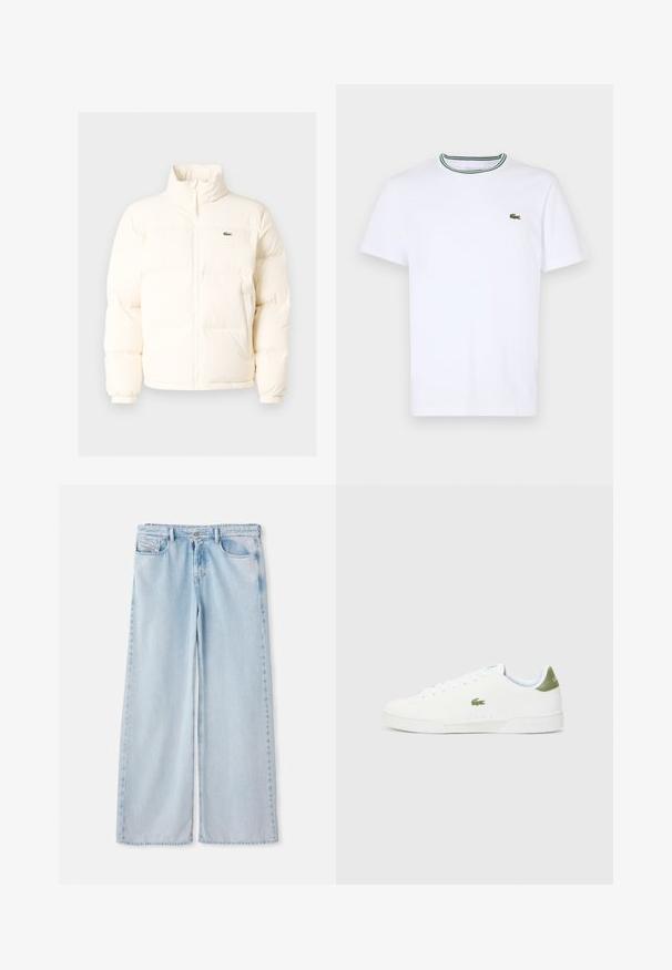 Bílá nafouknutá bunda s vysokým límcem, předním zipem, elastickými manžetami a malým zeleným logem na levé straně hrudi.; Bílý bavlněný tričko s krátkým rukávem a lemovaným límečkem se zelenými a černými pruhy; malé zelené vyšívané logo na levé hrudi.; Světle modré džínové kalhoty s širokými nohavicemi a klasickým pěti-kapsovým designem, se standardním pasem a nedokončeným lemem. Měkká denimová struktura s mírným vyblednutím.; Bílé tenisky s hladkým povrchem, s zeleným akcentem na patě a malým vyšívaným logem krokodýla na boku.