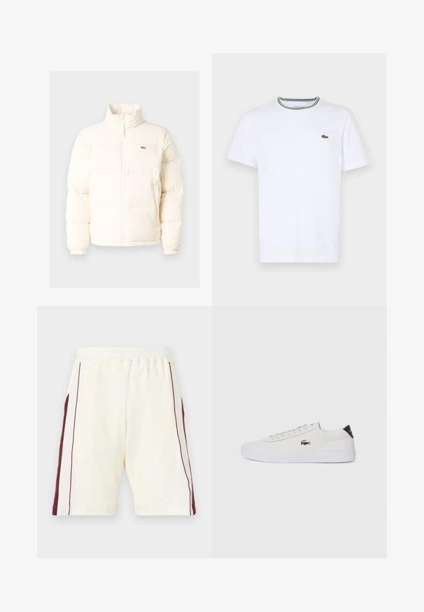 Casaco de puffer branco com colarinho alto, apresentando um fecho frontal com zíper, punhos elásticos e um pequeno logótipo verde no lado esquerdo do peito.; T-shirt branco de algodão de mangas curtas com colarinho canelado, apresentando riscas verdes e pretas; pequeno logotipo verde bordado no lado esquerdo do peito.; Calções de creme claro com um cós elástico, apresentando riscas laterais em cor bordô e uma textura suave, com as pernas rematadas.; Sapatilha de couro branco com biqueira arredondada, atacadores na frente e detalhe preto no calcanhar. Apresenta um pequeno logótipo de crocodilo bordado na lateral.