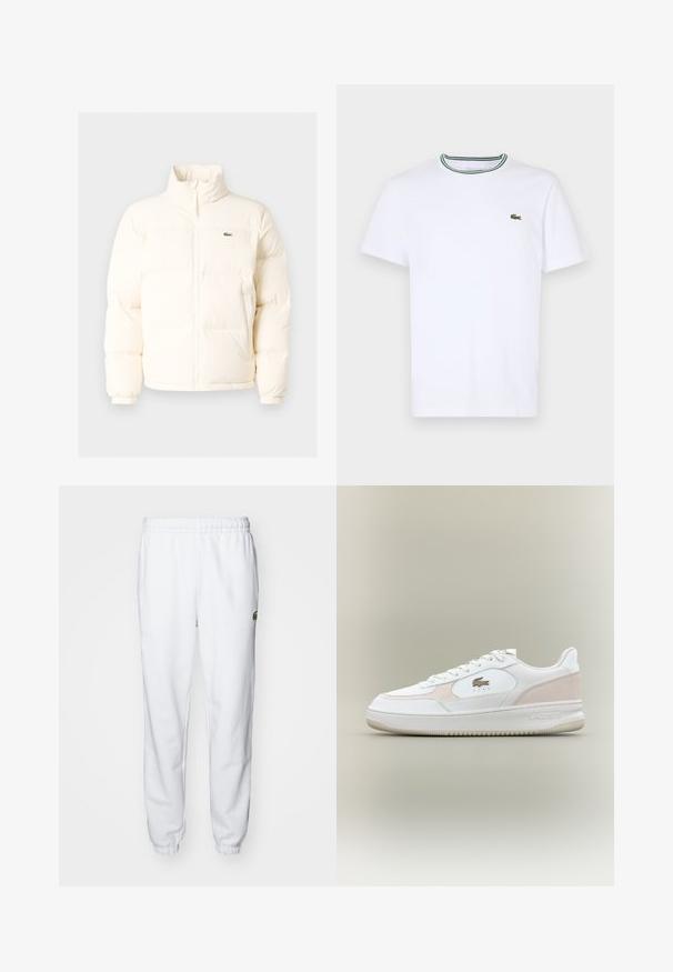 Witte pufferjack met een hoge kraag, voorzien van een ritssluiting aan de voorkant, elastische boorden en een klein groen logo op de linkerborst.; Witte katoen T-shirt met korte mouwen en een geribde kraag met groene en zwarte strepen; klein groen geborduurd logo op de linkerborst.; Witte fleecesweatpants met een elastische tailleband en boorden, voorzien van een groen logo-accent aan de rechterzijde. Zacht, glad textuur.; Witte sneakers met een bovenwerk van soepel leer, suède accenten en een rubberen zool. Beschikt over een geperst logo en een vetersluiting. Minimalistische esthetiek.
