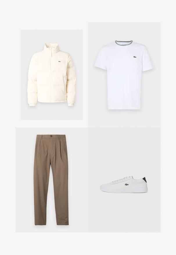 White puffer jacket with a high collar, featuring a front zipper, elastic cuffs, and a small green logo on the left chest.; White cotton short-sleeve T-shirt with a ribbed collar featuring green and black stripes; small green embroidered logo on left chest.; Brown pleated trousers made of soft fabric, featuring a front zipper and button closure, with a straight leg design and smooth texture.; White leather sneaker with round toe, lace-up front, and black heel accent. Features a small embroidered crocodile logo on the side.