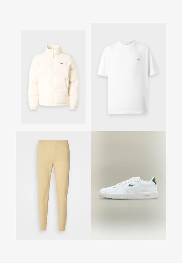 Balts pūkains jaka ar augstu apkakli, priekšā ar rāvējslēdzēju, elastīgām piedurknēm un mazu zaļu logo kreisajā krūtī.; Balts kokvilnas T-krekls arapa apaļu kaklu un īsām piedurknēm. Uz kreisā krūšu viena ir mazs melns Lacoste logo.; Dzelteni kokvilnas sporta bikses ar elastīgu jostasvietu, sašaurinātiem svārkiem un ribotiem aproces. Uz augšējās puses ir neliels logotips.; Baltas ādas sneakers ar gludu apdari, zaļiem akcentiem uz papēža un zaļu logotipu sānos. Iezīmē platu zoli un apaļu pirkstu.
