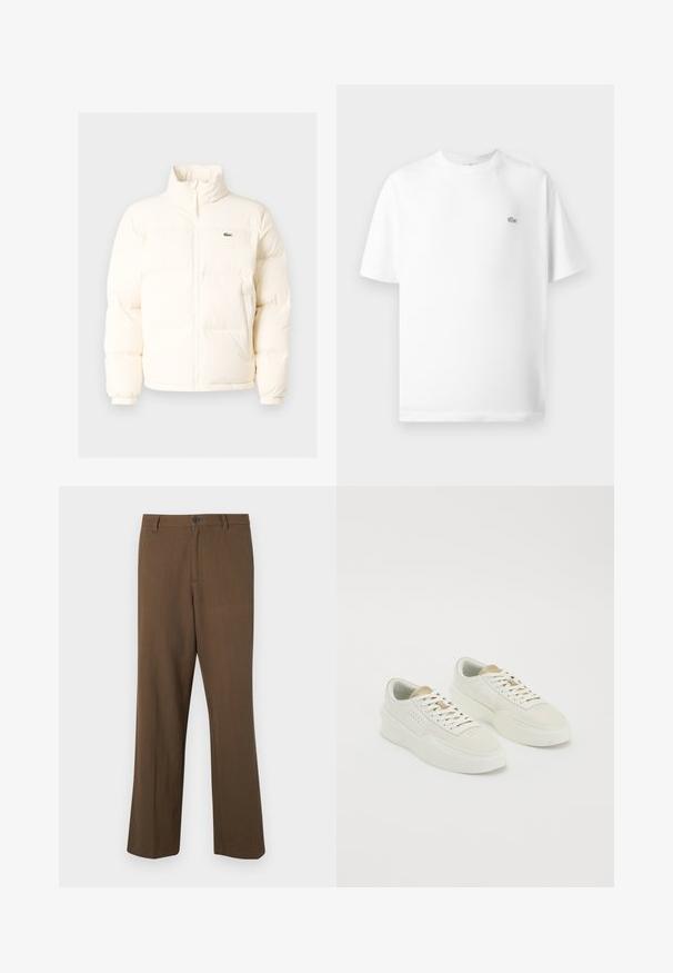 Chaqueta acolchada blanca con un alto cuello, que presenta una cremallera frontal, puños elásticos y un pequeño logotipo verde en el lado izquierdo del pecho.; Camiseta de algodón blanca con cuello redondo y mangas cortas. Presenta un pequeño logo negro de Lacoste en el lado izquierdo del pecho.; Pantalones rectos marrones hechos de tela texturizada, con cierre de botón y cintura estándar, con bolsillos laterales y costuras ajustadas.; Un par de zapatillas bajas de color blanco roto con acentos beige, suelas gruesas y cordones blancos sobre un fondo blanco liso.