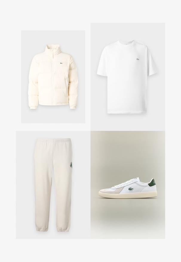 Valkoinen puhallettava takki, jossa on korkea kaulus, etuvetoketju, joustavat hihansuut ja pieni vihreä logo vasemmassa rinnassa.; Valkoinen puuvillapaita, jossa on pyöreä kaula-aukko ja lyhyet hihat. Vasemmassa rinnassa on pieni musta Lacoste-logo.; Vaaleanbeiget collegehousut, jotka on valmistettu puuvillasta. Niissä on joustava vyötärö, ribbireunat sekä vihreä logo, jossa on lehtimuotoilu vasemmassa lahkeessa.; Valkoiset tennarit vihreillä yksityiskohdilla, mokka- ja nahkamateriaaleja, pyöreä kärki, teksturoitu ulkopohja sekä brodeerattu logo sivulla ja kielekkeessä.