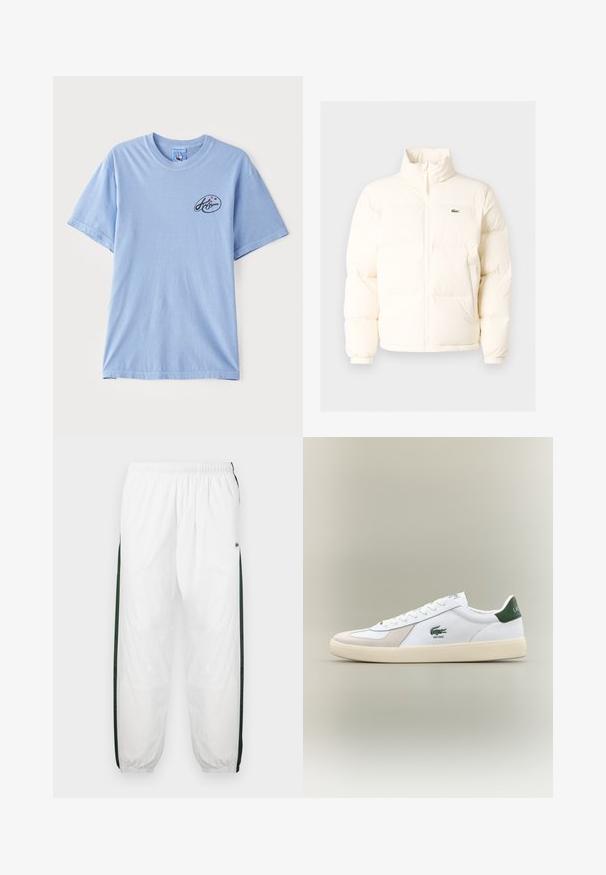 Bílá nafouknutá bunda s vysokým límcem, předním zipem, elastickými manžetami a malým zeleným logem na levé straně hrudi.; Světle modré tričko s krátkým rukávem vyrobené z bavlny, s malým černým logem s barevnými tečkami na levé části hrudníku. Klasický design s kulatým výstřihem.; Bílé tepláky s tmavě zelenými postranními panely. Lehký materiál, elastický pas a stahované lemy. Obsahují síťovanou texturu na postranních panelech.; Bílá teniska se zelenými akcenty, z materiálů semiš a kůže, kulatou špičkou, texturovanou podešví a vyšitým logem na boku a jazyku.