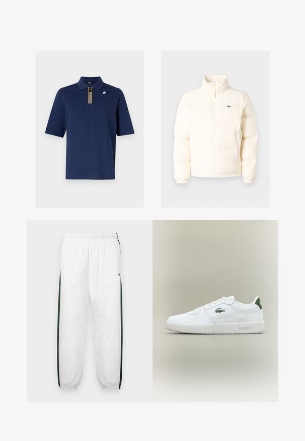 Bela puffer jakna z visokim ovratnikom, ki ima sprednji zadrgo, elastične manšete in majhen zeleni logotip na levem prsnem delu.; Mornarška polo majica iz bombaža s kratkim zadrgo in podrobnostmi v rumeni, beli in črni barvi. Ima majhen logotip na prsih.; Bela tekaška hlače s temno zelenimi stranskimi ploščami. Lahka material, elastični pas in prikrajšani robovi. Imajo mrežasto teksturo na stranskih ploščah.; Bela usnjena tenisačka obutev s gladko površino, z zelenimi poudarki na peti in zelenim logotipom ob strani. Ima ravno podplat in okroglo konico.
