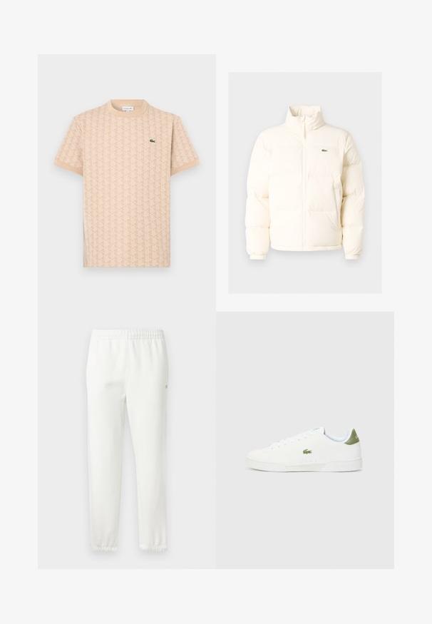 Casaco de puffer branco com colarinho alto, apresentando um fecho frontal com zíper, punhos elásticos e um pequeno logótipo verde no lado esquerdo do peito.; T-shirt bege de mangas curtas com padrão geométrico e logo do crocodilo verde da Lacoste no lado esquerdo do peito.; Calças de algodão brancas com cintura elástica e pernas ajustadas. Apresenta um pequeno detalhe de logótipo na lateral. Textura suave, design minimalista.; Tênis brancos com uma textura suave, apresentando um detalhe verde no calcanhar e um pequeno logotipo de crocodilo bordado na lateral.