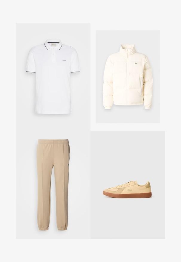 Doudoune blanche avec un col haut, dotée d'une fermeture éclair sur le devant, de poignets élastiques et d'un petit logo vert sur la poitrine gauche.; Polo blanc en coton, avec une patte de boutonnage à deux boutons, des manches courtes et des finitions bleu marine au col et aux manches. Logo GANT sur la poitrine.; Lacoste Pantalon de survêtement - viennese; Baskets Lacoste en cuir jaune pâle, dotées d'une semelle en caoutchouc beige, d'un système de laçage et du logo emblématique. Accents en daim sur le bout et le talon.