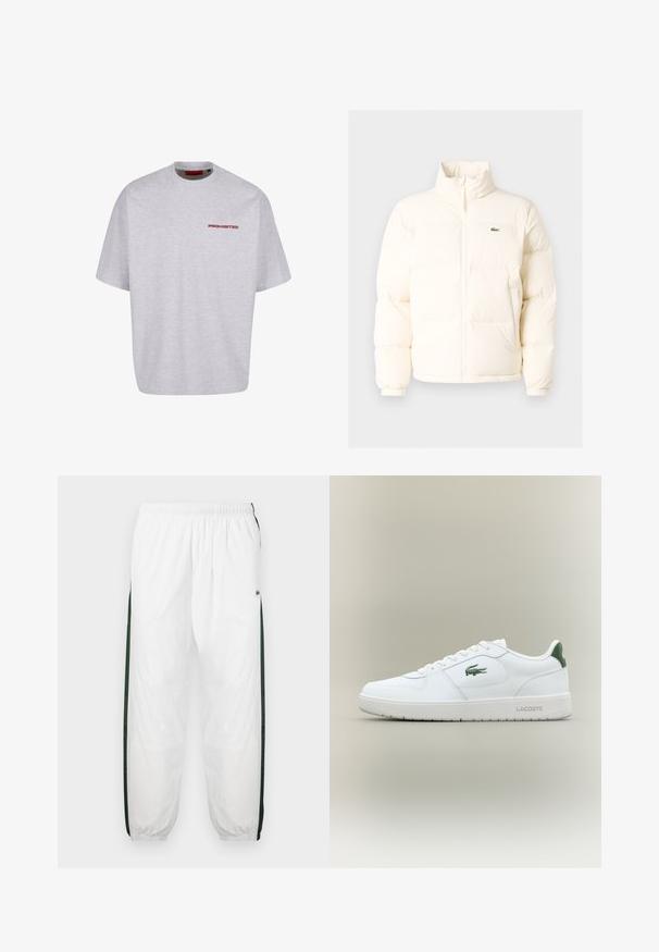 Biela puffrová bunda s vysokým golierom, predným zipsom, elastickými manžetami a malým zeleným logom na ľavom prsníku.; Šedé bavlnené tričko s okrúhlym výstrihom, voľným strihom, krátkymi rukávmi a nápisom "ZAKÁZANÉ" červeným písmom na prednej strane.; Biele športové nohavice s tmavozelenými bočnými panelmi. Ľahký materiál, elastický pás a sťahované lemy. Obsahujú sieťovinovú textúru na bočných paneloch.; Biele kožené tenisky s hladkým povrchom, zelenými akcentami na päte a zeleným logom na boku. Majú plochú podrážku a okrúly špičku.