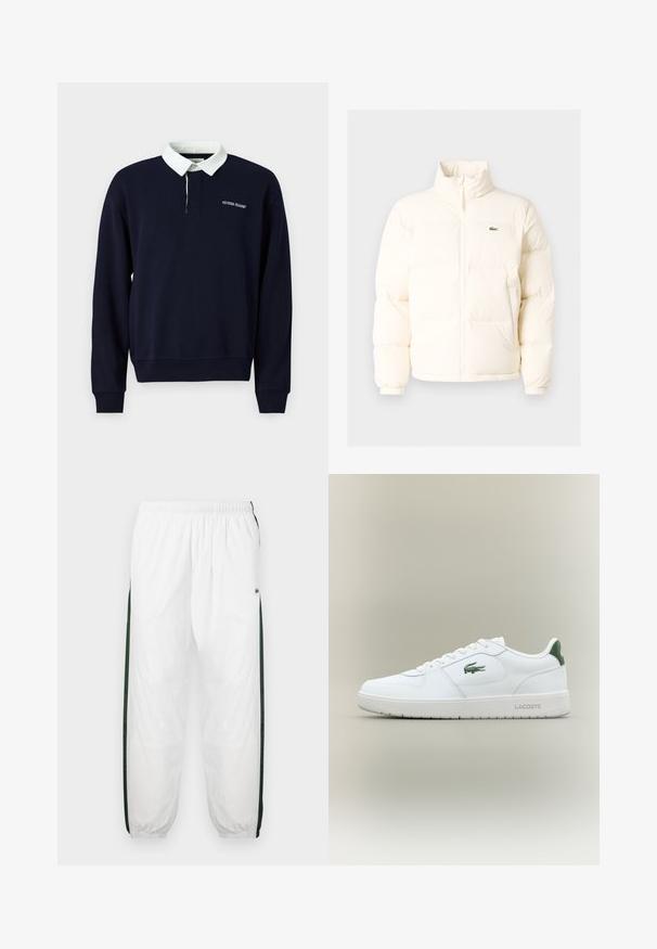 Fehér pufferezett dzseki magas gallérral, elülső zipzárral, rugalmas mandzsettákkal és egy kis zöld logóval a bal mellen.; Sötétkék, bordázott szegéllyel és mandzsettával ellátott pulóver, fehér galléros nyakkal és a mellkason hímzett "Guess Jeans" logóval.; Fehér sportnadrág sötétzöld oldalpanelekkel. Könnyű anyagból készült, rugalmas derékkal és gumis szegéllyel. Az oldalpaneleken hálós textúra található.; Fehér bőr sneaker sima felülettel, zöld akcentussal a saroknál, és zöld logóval az oldalon. Lapos talpa és kerek orra van.