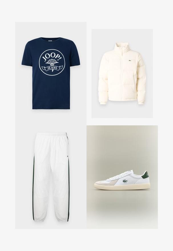 Balta pūkinė striukė su aukštu kaklu, turinti priekinį užtrauktuką, elastines rankogalius ir mažą žalią logotipą kairėje krūtinės pusėje.; Tamsiai mėlyna medvilninė marškinėliai su dideliu baltu apvaliu logotipu, kuriame yra tekstai "JOOP!" ir "JEANS", apsuptas gėlių rašto ir juostos.; Baltos treniruočių kelnės su tamsiai žaliais šonų juostelėmis. Lengva medžiaga, elastinga juosmens juosta ir apASPIRUOTI rankogaliai. Šonų juostelėse yra tinklelio tekstūra.; Baltos sportbačiai su žaliais akcentais, pagaminti iš zomšos ir odos, su apvaliu nose, tekstūruotu padu ir siuvinėtu logotipu šone bei ant liežuvio.