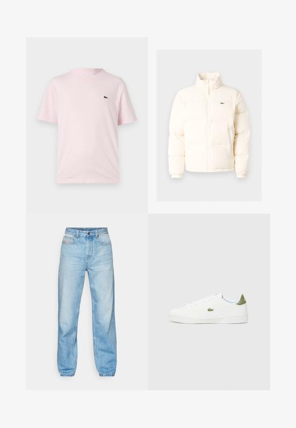 Giacca a vento bianca con collo alto, dotata di zip frontale, polsini elasticizzati e un piccolo logo verde sul petto a sinistra.; T-shirt in cotone rosa chiaro con maniche corte. Caratterizzata da un piccolo logo ricamato verde sul lato sinistro del petto. Design con scollatura a girocollo.; Jeans azzurri chiari in denim, con taglio dritto, design a cinque tasche e chiusura a bottone visibile con cuciture in contrasto.; Sneakers bianchi con una texture liscia, caratterizzate da un accento verde sul tallone e un piccolo logo ricamato a forma di coccodrillo sul lato.