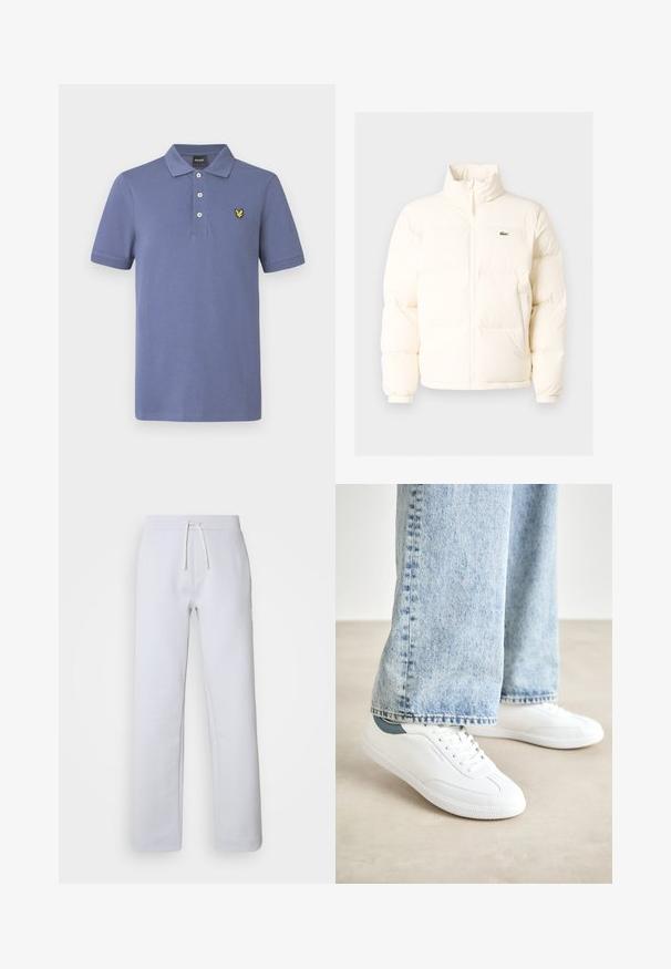 Valge pūusapüüri jope kõrge kaelusega, esiküljel lukuga, elastsete mansettidega ja väikese rohelise logoga vasakul rinnal.; Helehall sinise puuvillase polo-särgi klassikalise krae, kolme nööbiga esisulguri ja vasakul rinnal kollase logoga tikandiga.; Heledad hallid, sirged püksid pehmest kangast, elastse vöökoha ja nööriga. Omab küljetaskuid ja peent triibutekstuur.; Valged spordijalatsid sileda materjaliga, nööridega mudel, tekstuurne kummitald ja türkiissinine aksent kandadel, koos heledate siniste teksadega.