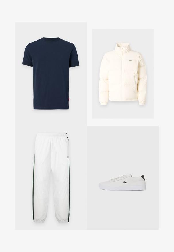 Bílá nafouknutá bunda s vysokým límcem, předním zipem, elastickými manžetami a malým zeleným logem na levé straně hrudi.; Námorně modré bavlněné tričko s krátkým rukávem, kulatým výstřihem a malou červenou značkou na dolním levém lemu. Měkká textura, jednoduchý design.; Bílé tepláky s tmavě zelenými postranními panely. Lehký materiál, elastický pas a stahované lemy. Obsahují síťovanou texturu na postranních panelech.; Bílé kožené tenisky s kulatou špičkou, šněrováním vpředu a černým akcentem na patě. Na boku se nachází malé vyšívané logo krokodýla.