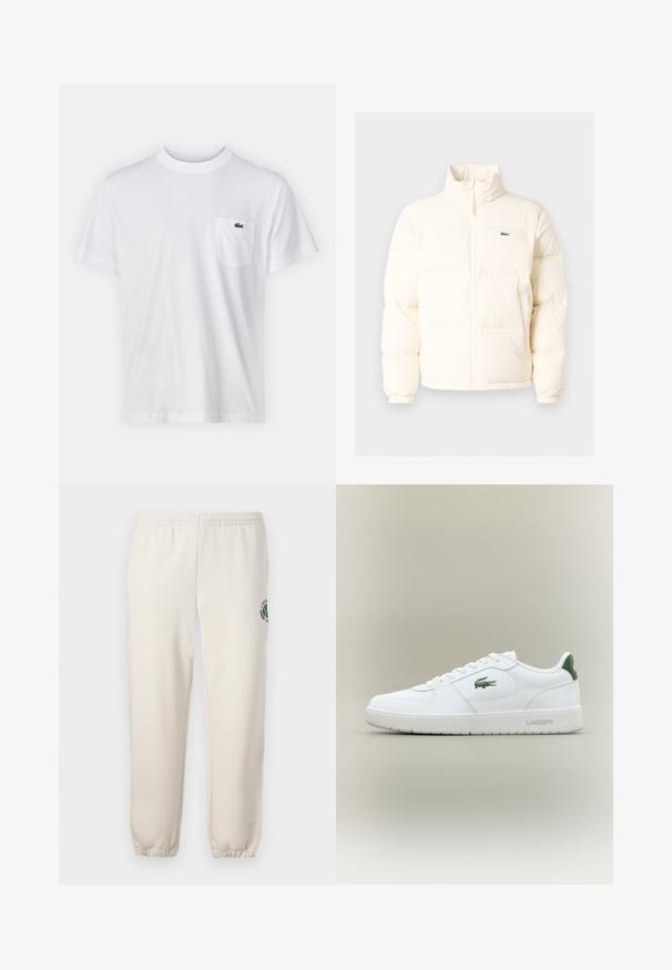 White puffer jacket with a high collar, featuring a front zipper, elastic cuffs, and a small green logo on the left chest.; White cotton t-shirt with a round neckline and short sleeves. Features a left chest pocket and a small green Lacoste logo.; Light beige sweatpants made of cotton, featuring an elastic waistband, ribbed cuffs, and a green logo with leaf design on the left leg.; White leather sneaker with a smooth finish, green accents on the heel, and a green logo on the side. Features a flat sole and round toe.