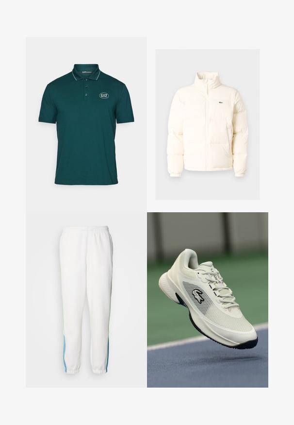 Bílá nafouknutá bunda s vysokým límcem, předním zipem, elastickými manžetami a malým zeleným logem na levé straně hrudi.; Polo tričko v tmavě zelené bavlně s tříknoflíkovou légou, krátkými rukávy a kontrastním lemováním límce. Obsahuje logo EA7.; Bílé teplákové kalhoty s elastickým pasem, se zelenými a modrými bočními pruhy. Měkká látka s tapered (zkoseným) designem na kotnících.; Bílé sportovní tenisky s síťovinovým svrškem, černými akcenty, strukturovanou podrážkou a výrazným logem na boku, vystavené na pozadí hřiště.